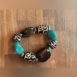 Handcrafted Turquoise and Brown Chunky Stretchy Beaded Bracelet